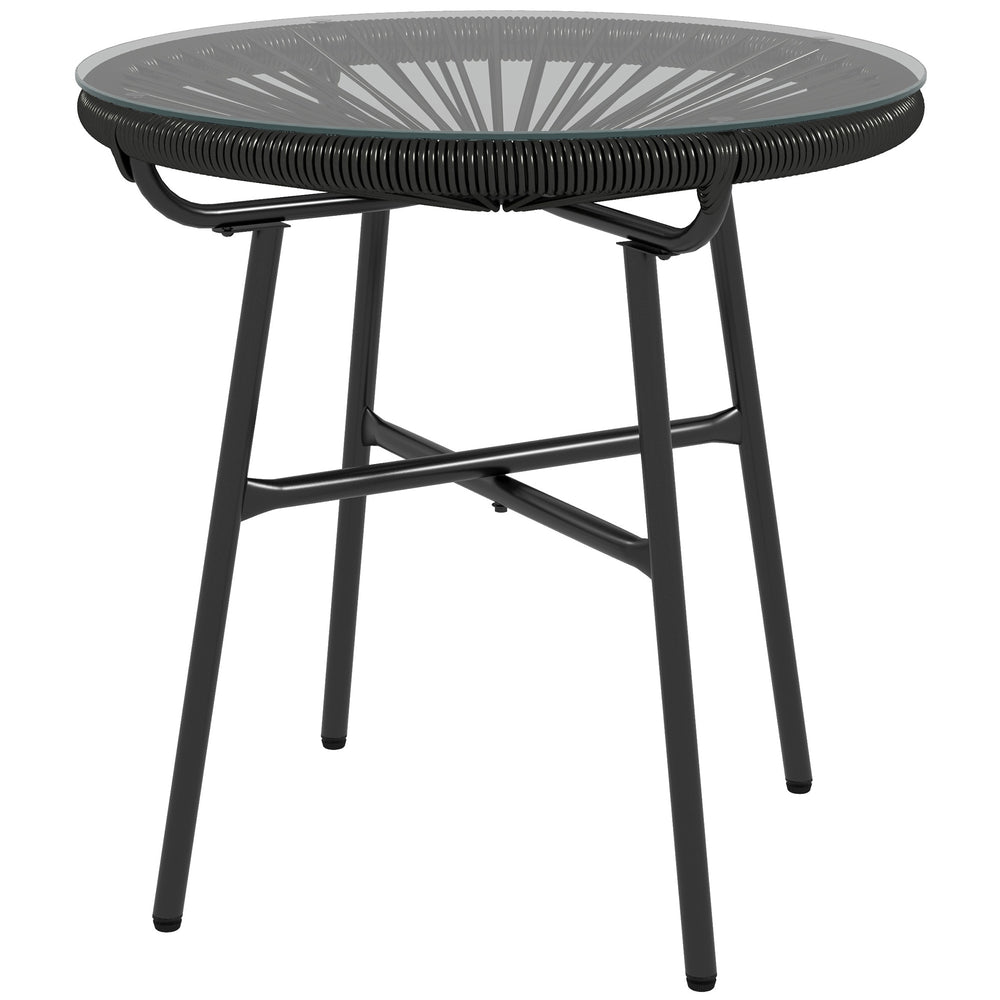 Rattan Side Table, Round Outdoor Table, with Round PE Rattan and Tempered Glass Table Top for Patio, Garden, Black
