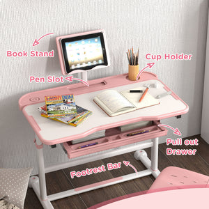 Height Adjustable Desk and Chair Set with Tilting Top, Pink