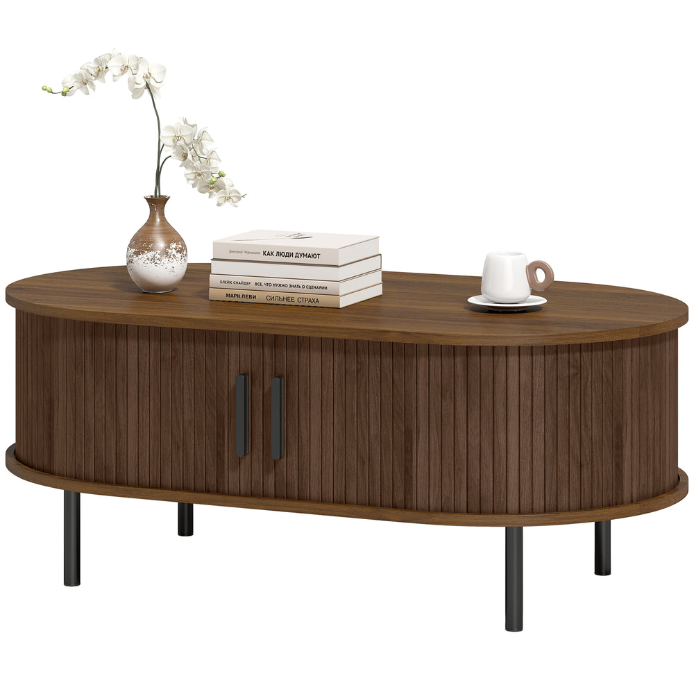 Coffee table with tambour sliding doors and central storage table, metal legs, brown