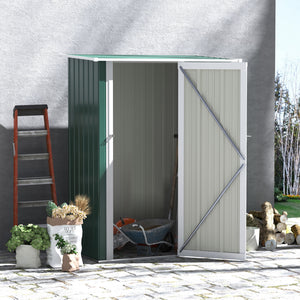 Metal garden shed with sloping roof and lockable door for tools, green