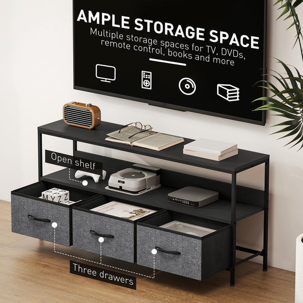 Black and charcoal gray TV stand for televisions up to 55 inches with 3 drawers