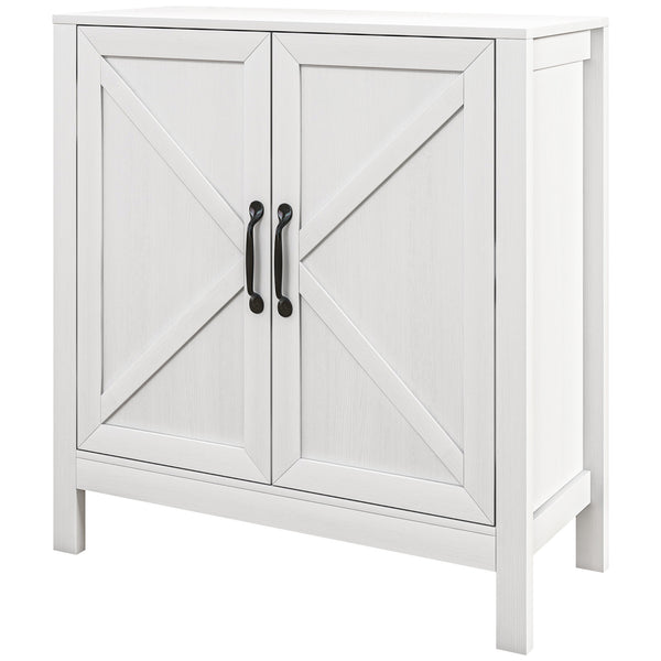 Kitchen buffet with barn-style sliding door and adjustable shelves, white wood look.