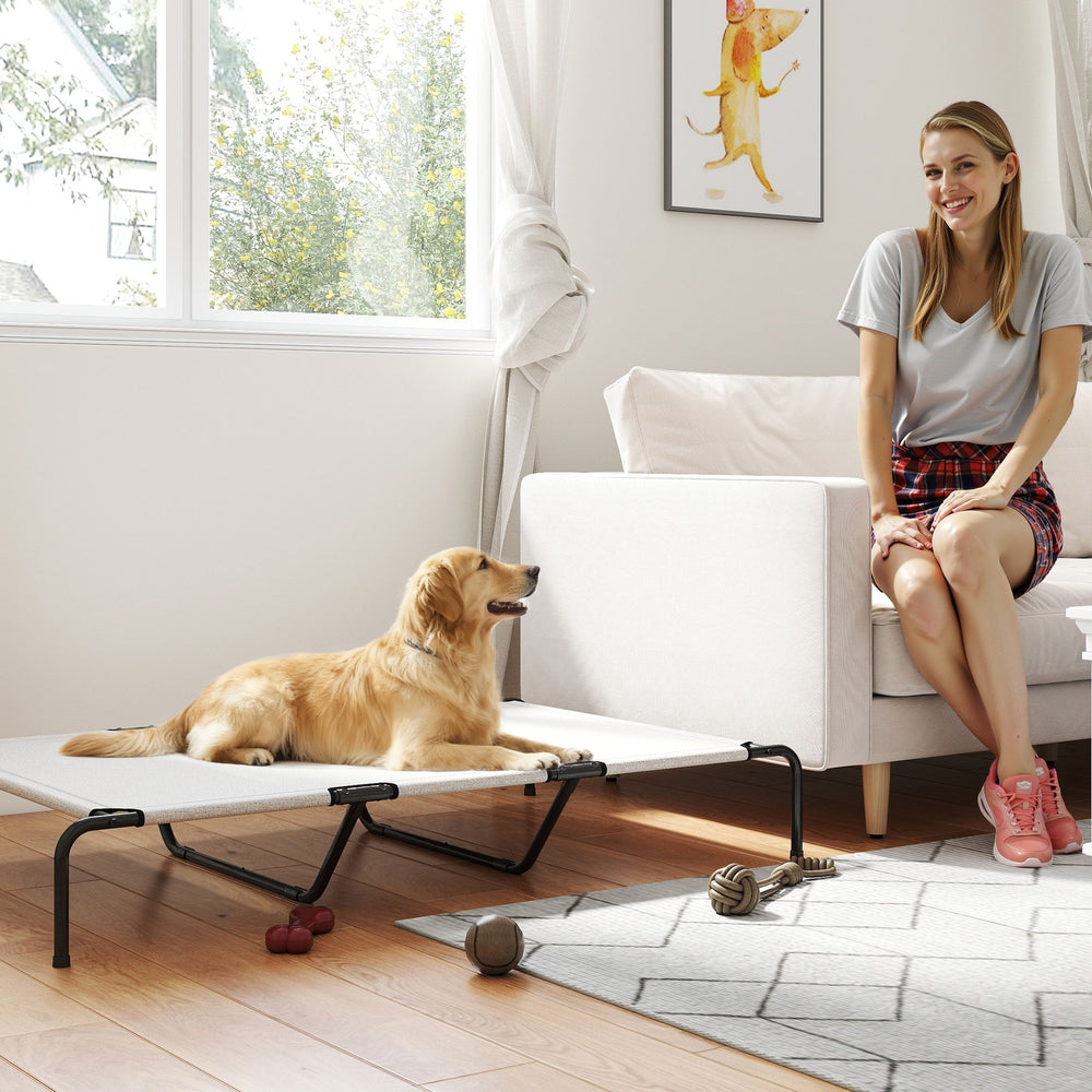 Elevated dog bed with breathable mesh, beige