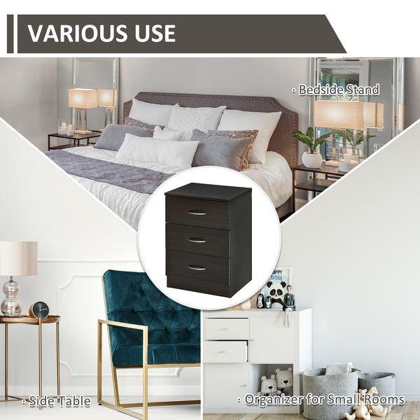 Bedside table with 3 drawers, dark brown