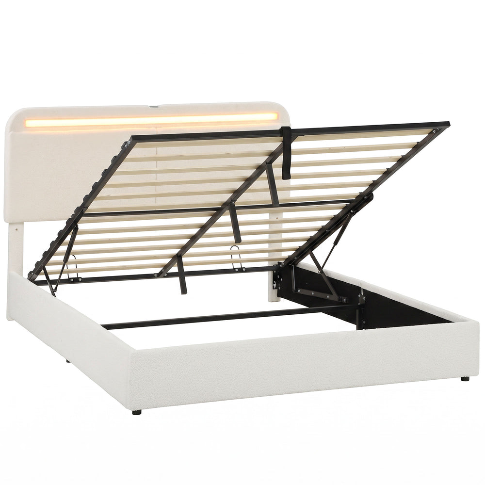 Queen Size Bed Frame with Charging Station, LED Lighting, Adjustable Headboard, White