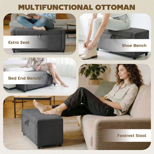Dark gray corduroy tufted storage ottoman with thick padding, bedroom storage bench