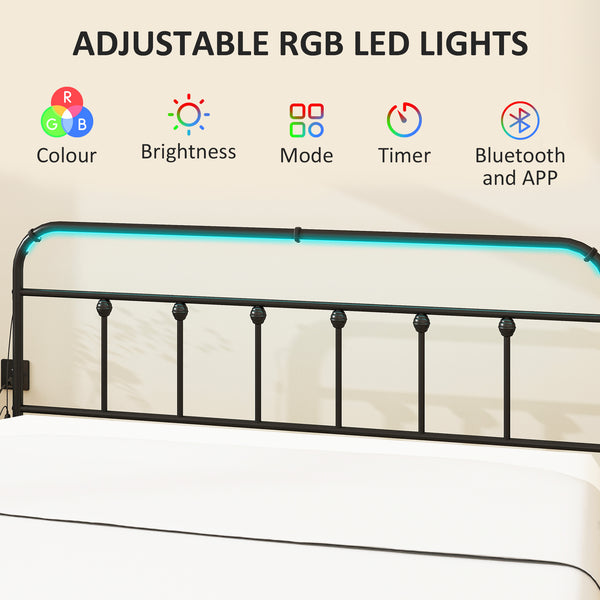 Queen Size Bed Frame with LED Lighting and Charging Station, Black