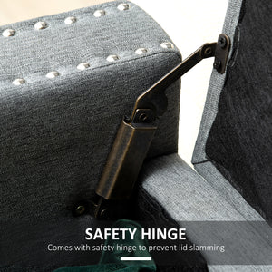 Folding storage bench upholstered in fabric, light gray