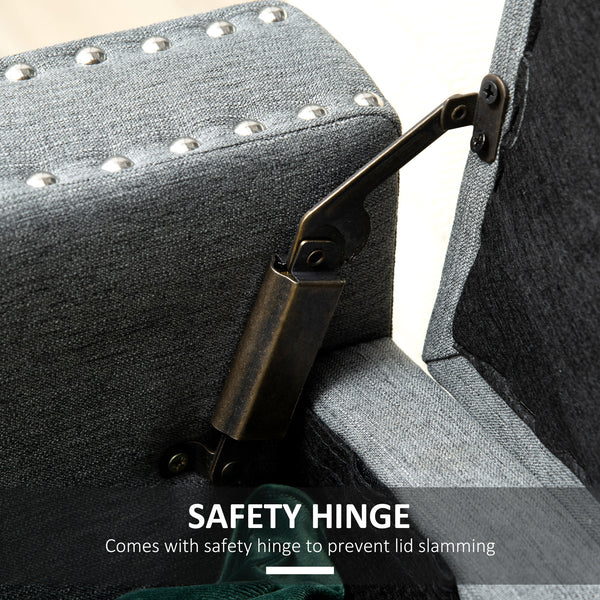 Folding storage bench upholstered in fabric, light gray