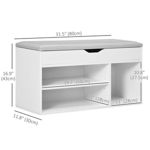Shoe bench with padded cushion and hidden storage, white