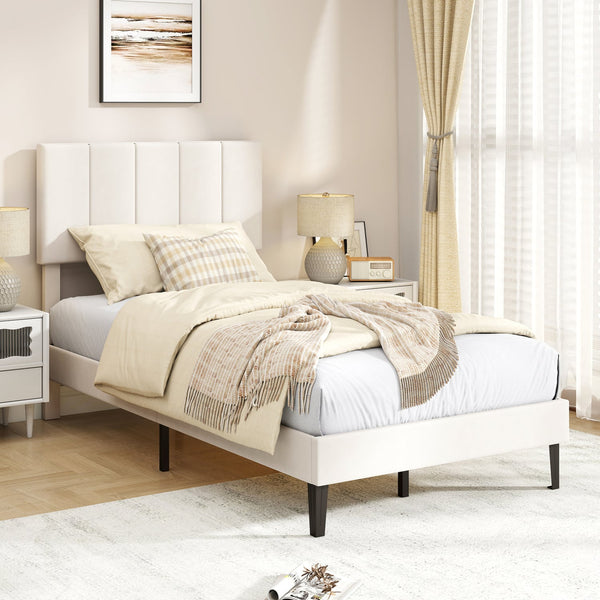 Gray linen upholstered platform bed with height-adjustable vertical channel headboard - Twin size
