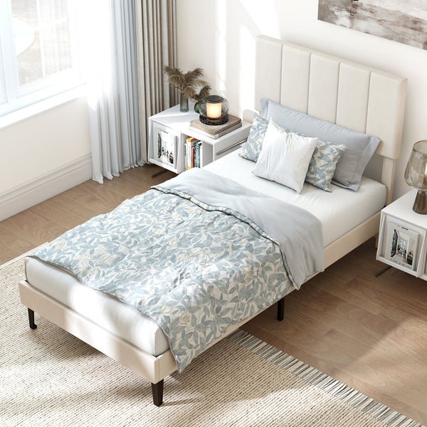 Gray linen upholstered platform bed with height-adjustable vertical channel headboard - Twin size