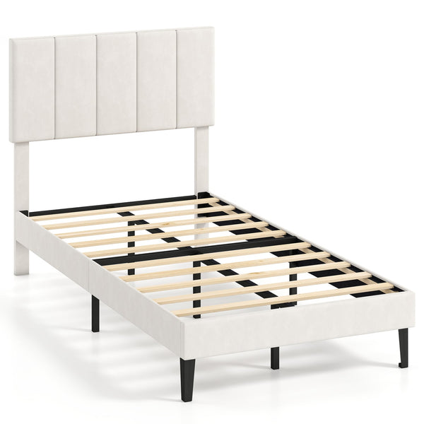 Gray linen upholstered platform bed with height-adjustable vertical channel headboard - Twin size