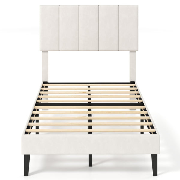 Gray linen upholstered platform bed with height-adjustable vertical channel headboard - Twin size