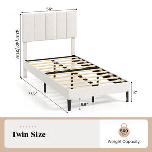Gray linen upholstered platform bed with height-adjustable vertical channel headboard - Twin size