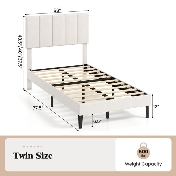 Gray linen upholstered platform bed with height-adjustable vertical channel headboard - Twin size