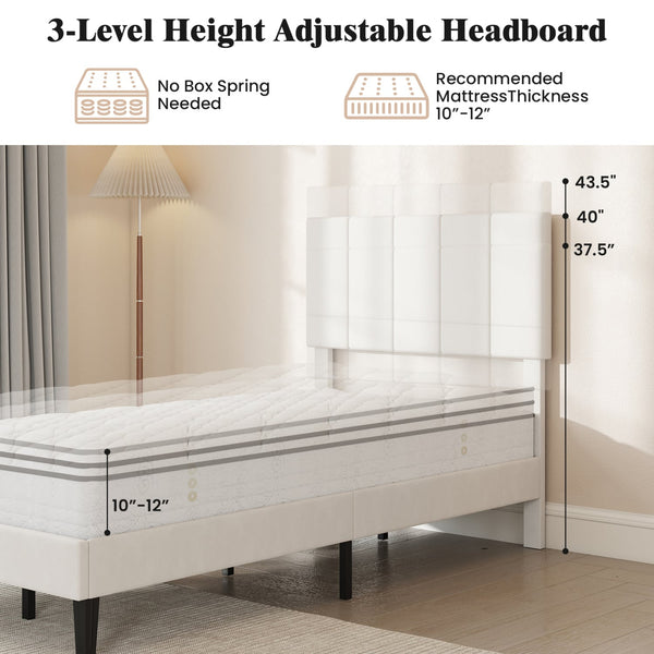 Gray linen upholstered platform bed with height-adjustable vertical channel headboard - Twin size