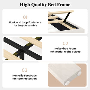 Gray linen upholstered platform bed with height-adjustable vertical channel headboard - Twin size