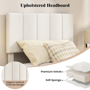 Gray linen upholstered platform bed with height-adjustable vertical channel headboard - Twin size