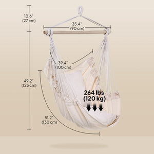 Hanging macrame cotton hammock with two soft cushions, cream white
