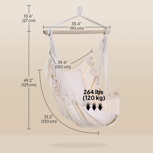 Hanging macrame cotton hammock with two soft cushions, cream white