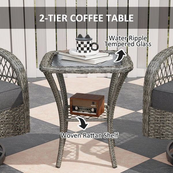 3 Piece Wicker Garden Set with 2 Rocking Swivel Chairs and Two-Tier Glass Coffee Table, Grey