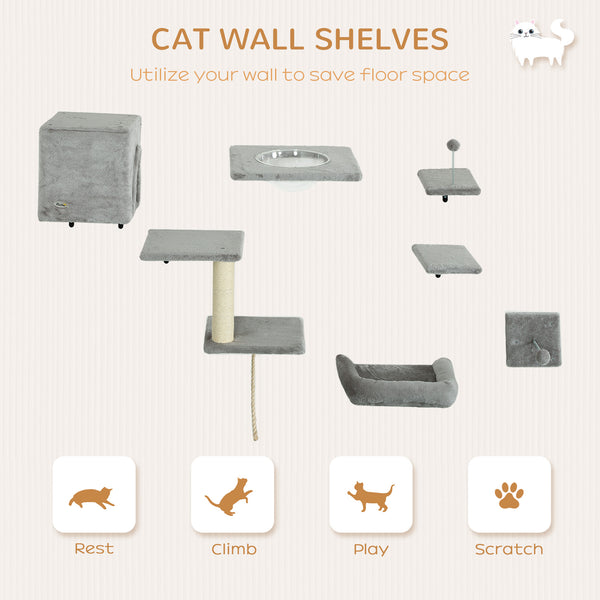 Set of 7 wall shelves and perches with house, grey