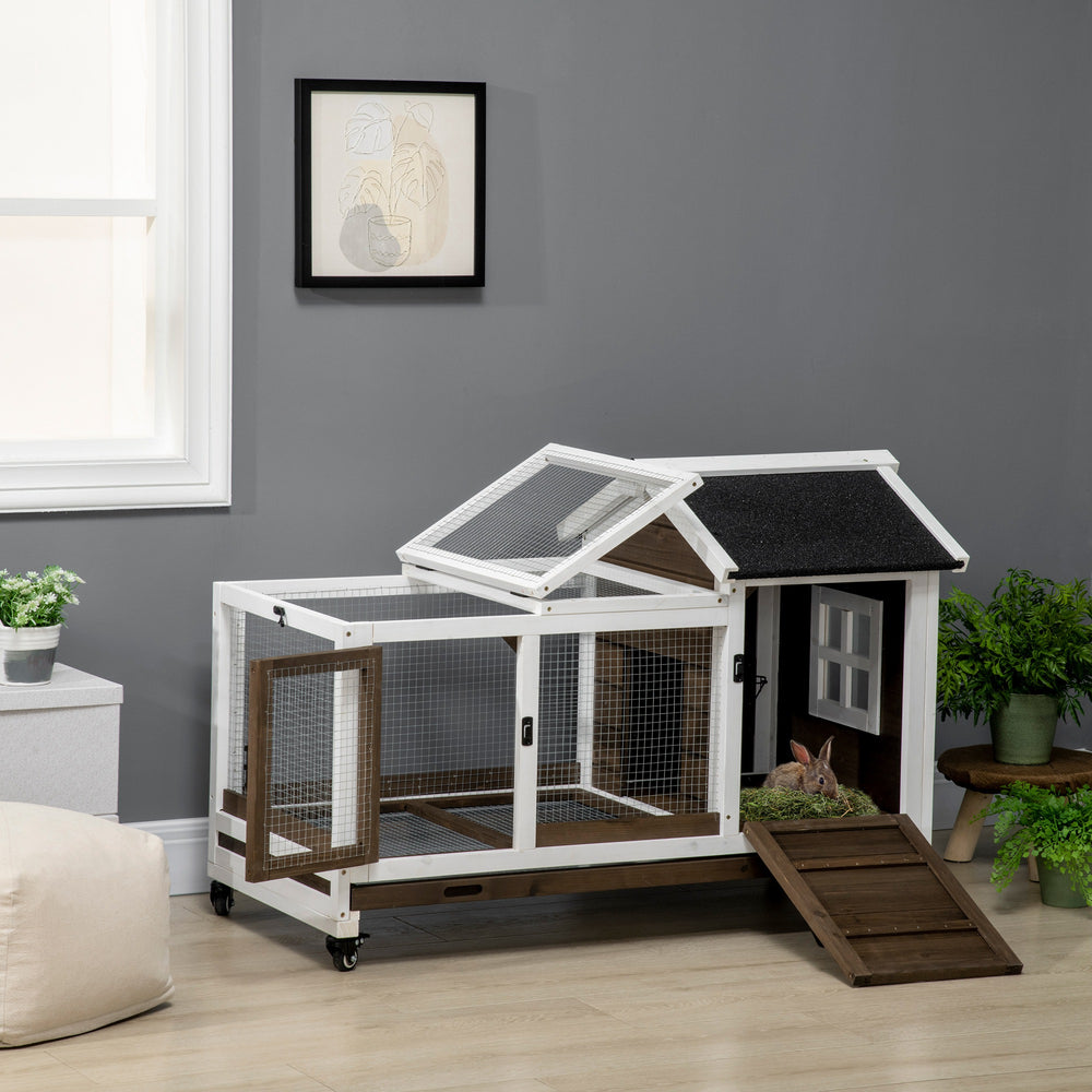 Rabbit hutch with wheels, ramp, run, and tray for indoor and outdoor use