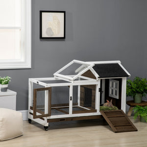 Rabbit hutch with wheels, ramp, run, and tray for indoor and outdoor use