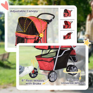 PawHut 3-Wheel Folding Stroller with Storage Basket, Red