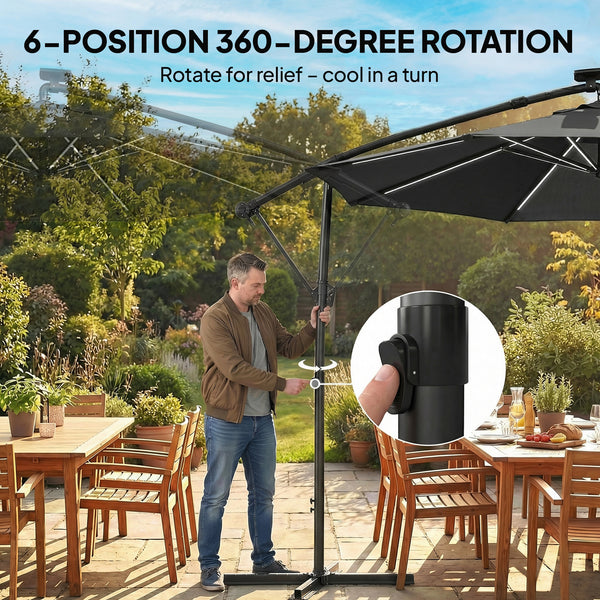 3m Cantilever Parasol with Solar Lighting, 360° Rotation, Tilt and Protective Cover, Black