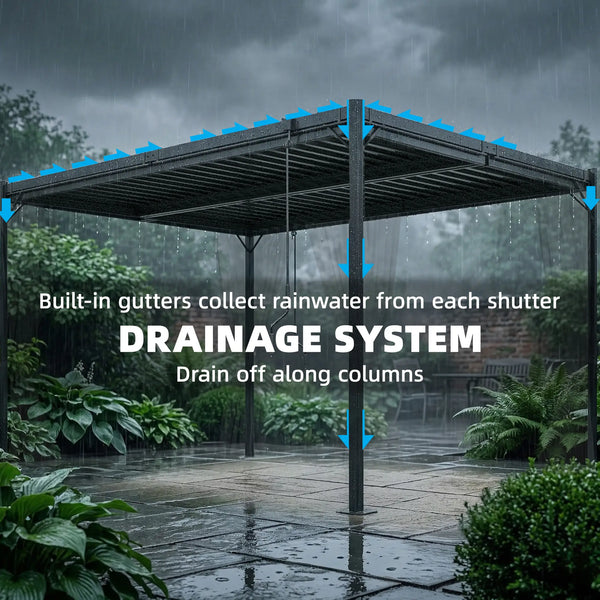 10 x 13 louvered pergola, steel roof and curtains, drainage gutters, grey