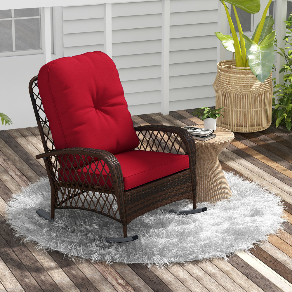 Braided Rattan Outdoor Rocking Chair with Thick Cushions, Red