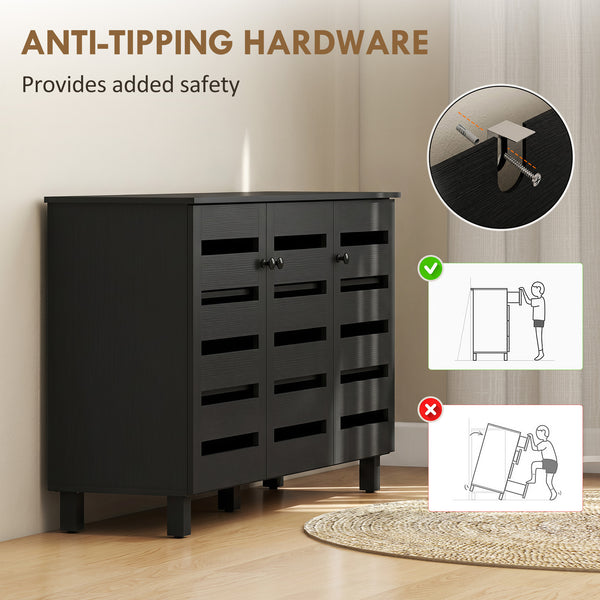 Black shoe cabinet with 2 cupboards and adjustable shelves for 15 pairs, black