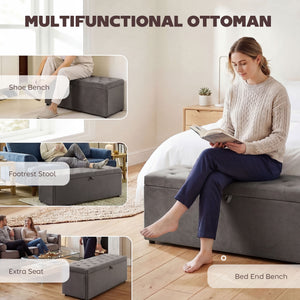 141 L storage ottoman bench, tufted velvet seat and lift-top lid – Gray