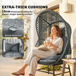 Wicker egg chair with thick cushion, headrest, and steel frame, dark gray