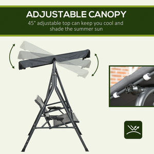 3-Seat Patio Swing Chair, Outdoor Canopy Swing Glider with Adjustable Shade, Rattan Seat and Steel Frame, for Porch, Garden, Poolside, Dark Grey