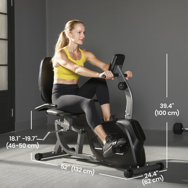 Recumbent exercise bike with 8 levels of magnetic resistance, LCD screen, heart rate sensor and adjustable seat