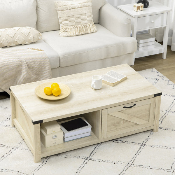 Industrial coffee table with drawer in white oak