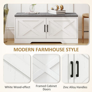 Entryway bench with shoe storage, adjustable shelves and cushion – White and grey