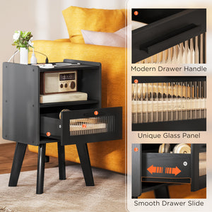 Set of 2 modern bedside tables with charging station, black