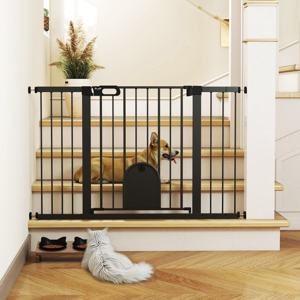 Extra-wide safety gate with small door, black