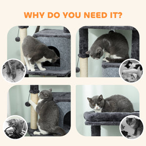 132cm Cat Tree with Scratching Posts, Basket, Kennel and Grooming Brush, Grey