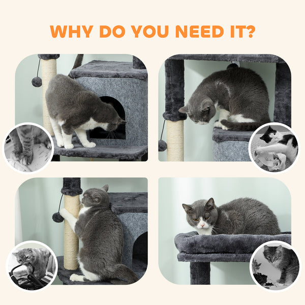 132cm Cat Tree with Scratching Posts, Basket, Kennel and Grooming Brush, Grey