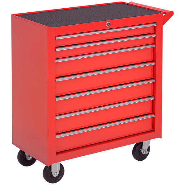 Mobile tool chest with 7 lockable drawers and handle, red.