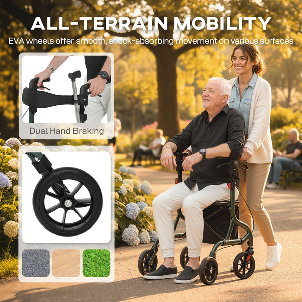 Foldable rollator walker with seat for seniors, lightweight with wheels, and adjustable handles, green