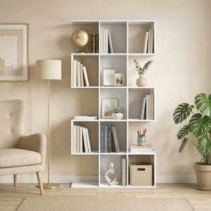 5-Tier S-Shaped Geometric Bookshelf with 15 Compartments, White Wood Look