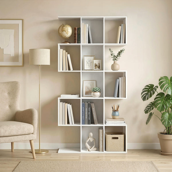5-Tier S-Shaped Geometric Bookshelf with 15 Compartments, White Wood Look