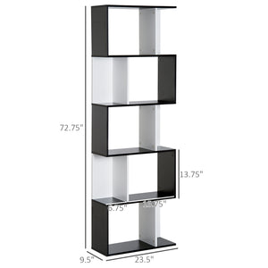 Modern 5-tier bookcase with divider, black and white