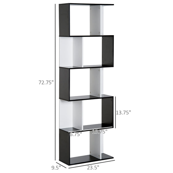 Modern 5-tier bookcase with divider, black and white